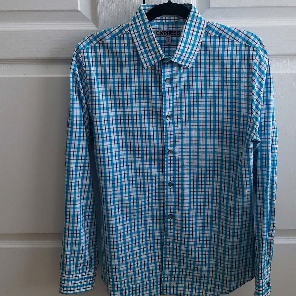 Express Fitted Button Down Long Sleeve Shirt - Blue and White Plaid